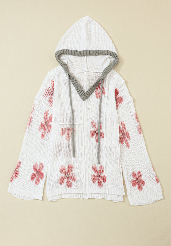 Drawstring Flower Hooded Knit Top - ClassiQ
