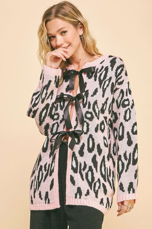 Davi & Dani Leopard Ribbon Tie Front Loose Fit Cardigan - ClassiQ