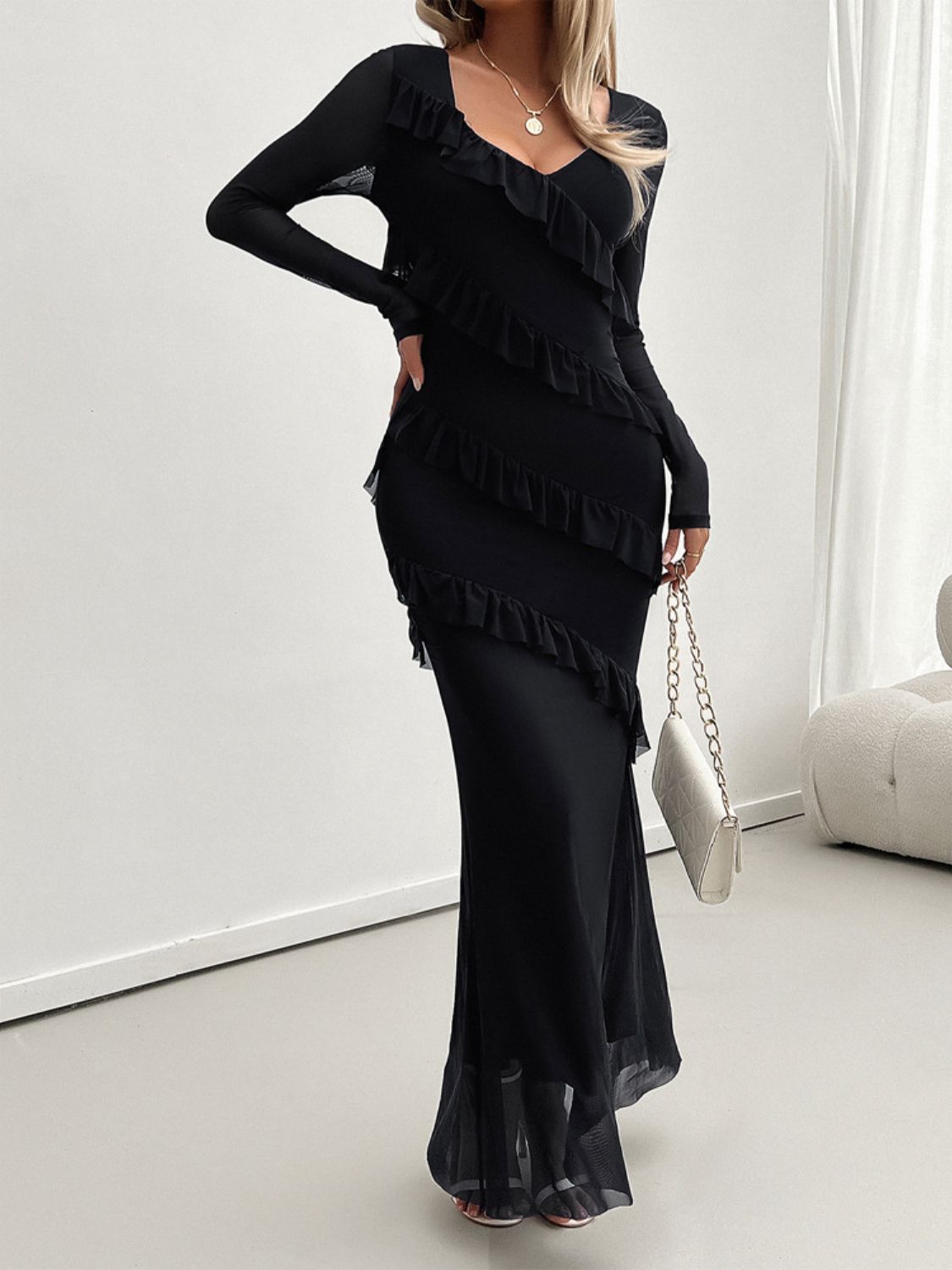 Devine Ruffled Surplice Long Sleeve Maxi Dress - Classique Collection