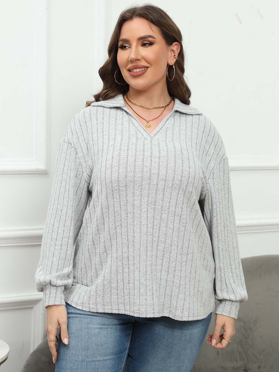 Plus Size Ribbed Collared Neck Long Sleeve Blouse - Classique Collection