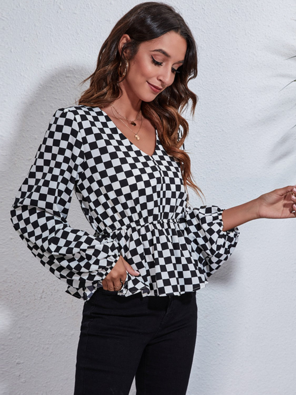Checkered V-Neck Balloon Sleeve Peplum Blouse - Classique Collection
