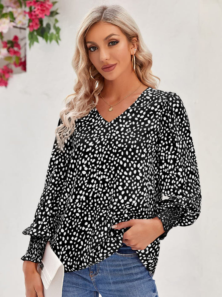 Printed V-Neck Lantern Sleeve Blouse - Classique Collection