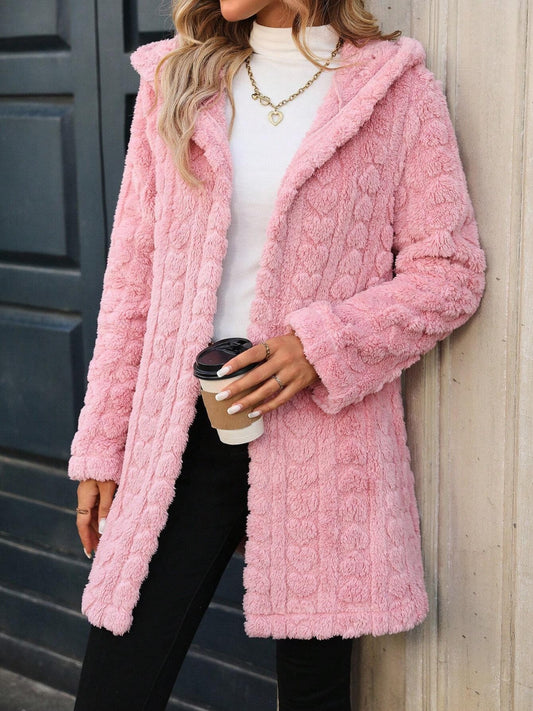 Heart Open Front Hooded Fuzzy Coat - ClassiQ