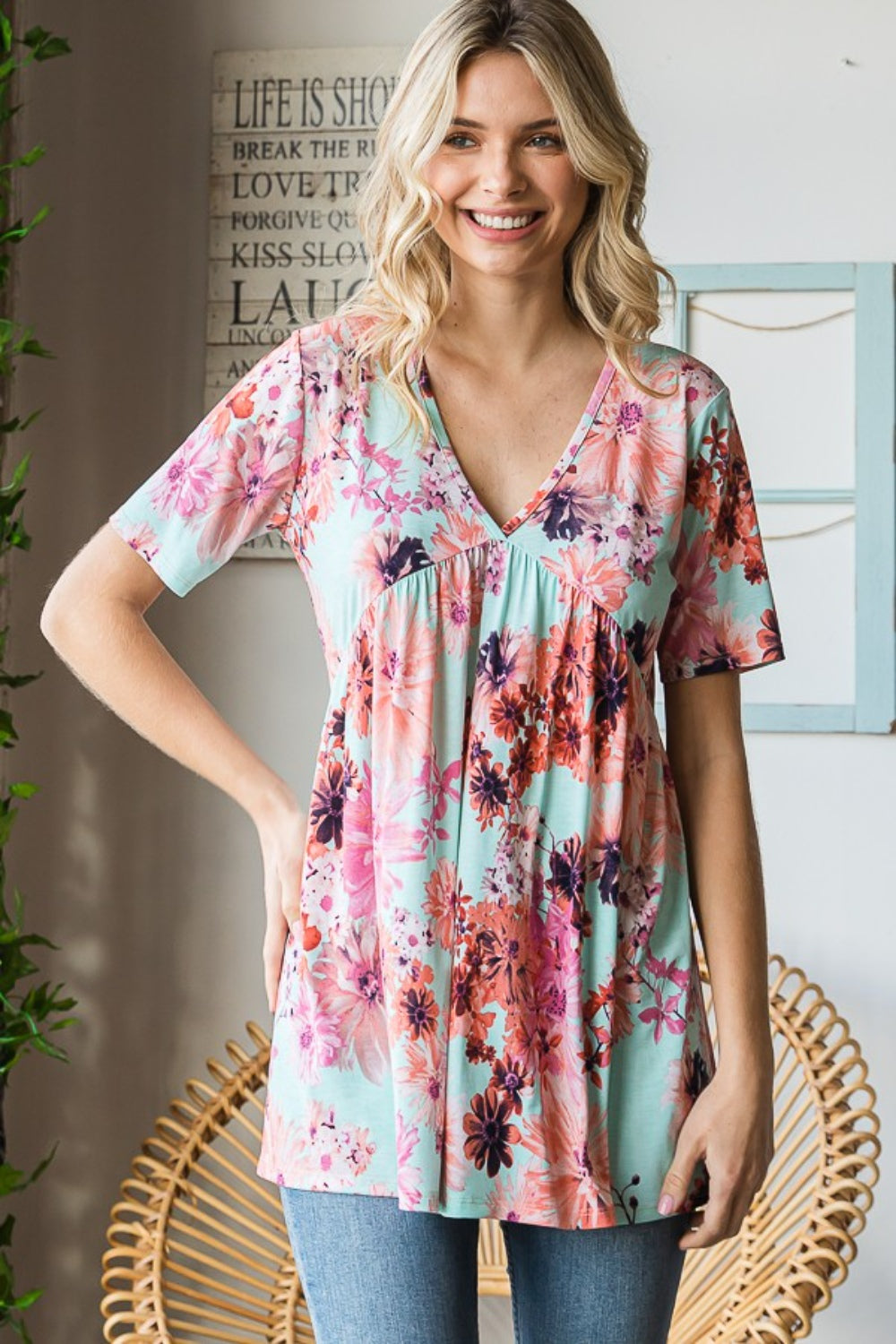 Heimish Full Size Floral V-Neck Short Sleeve Babydoll Blouse - Classique Collection