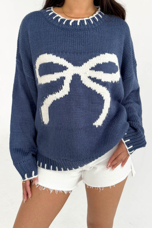 Bow Graphic Round Neck Long Sleeve Sweater - ClassiQ
