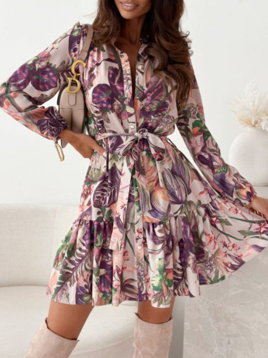 Ruffle Hem Floral Long Sleeve Dress - Classique Collection