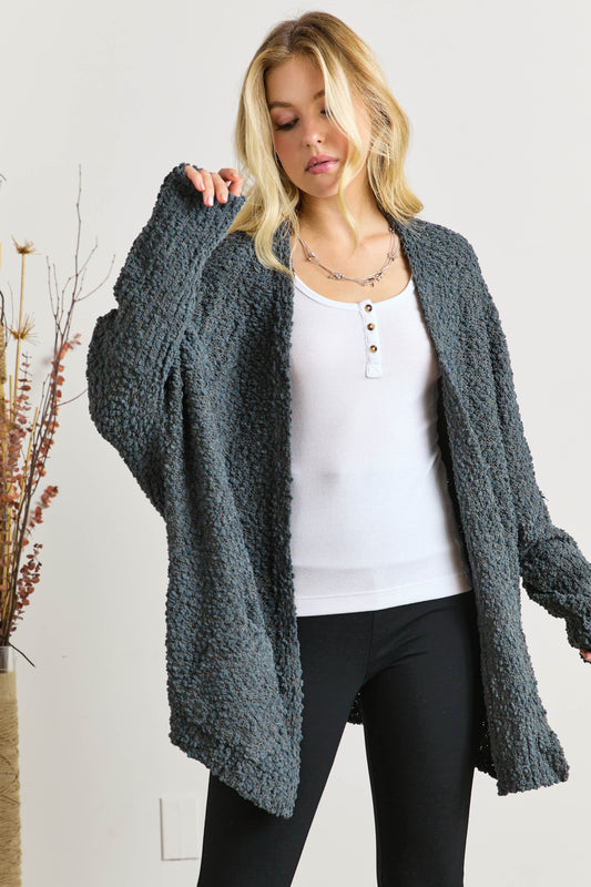 ADORA Popcorn Knit Open Front Long Sleeve Cardigan - ClassiQ