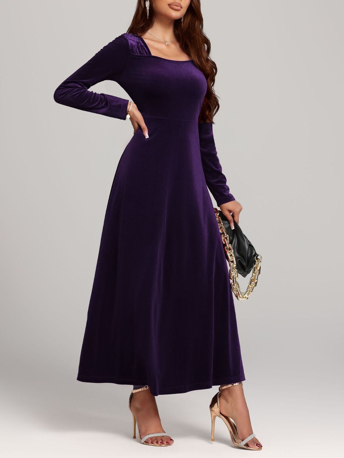 Square Neck Long Sleeve Velvet Dress - Classique Collection