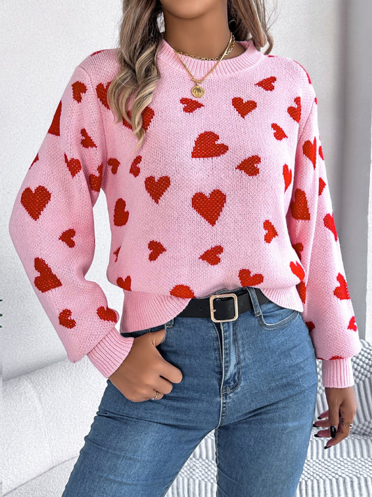 Heart Round Neck Long Sleeve Sweater - ClassiQ