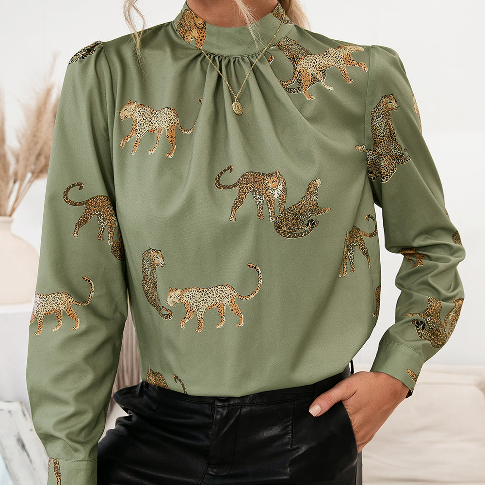 Ivy Lane Leopard Graphic Mock Neck Puff Sleeve Blouse - Classique Collection