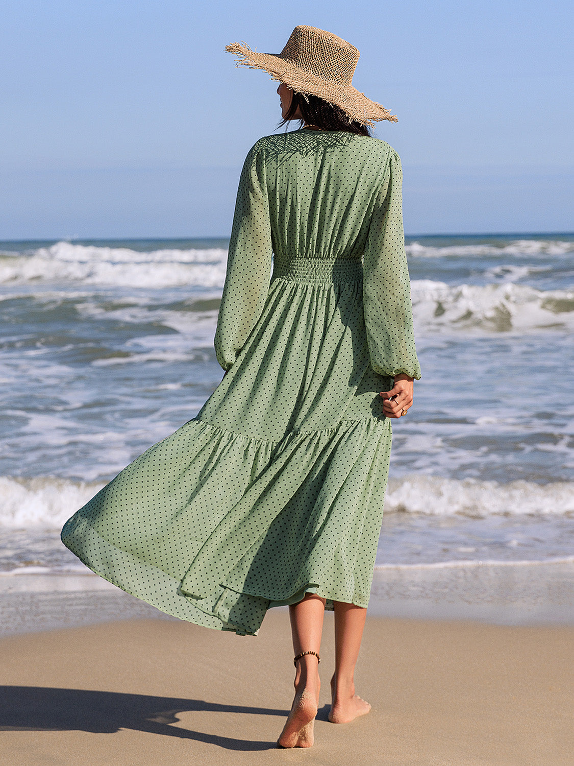 Embroidered Polka Dot Tie Neck Long Sleeve Midi Dress - Classique Collection