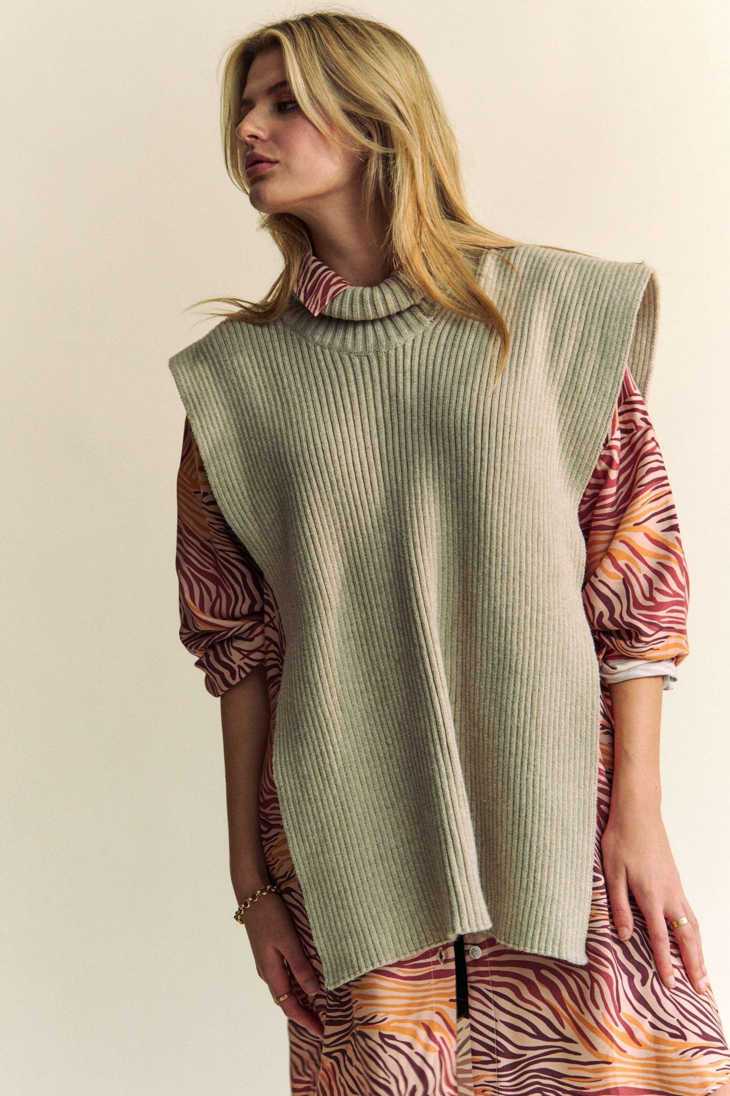 Davi & Dani Side Split Turtleneck Sleeveless Knit Top - Classique Collection