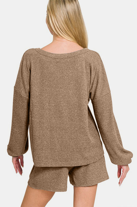 Zenana V-Neck Long Sleeve Ribbed Top and Shorts Set - ClassiQ