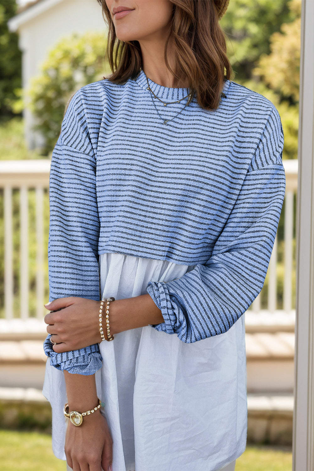 Striped Round Neck Long Sleeve Mini Dress - Classique Collection