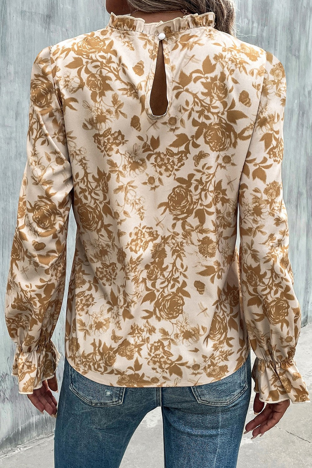 Floral Print Mock Neck Flounce Sleeve Blouse - Classique Collection
