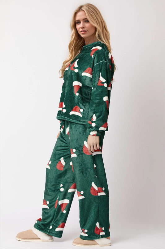 Christmas Hat Pattern Round Neck Long Sleeve Top and Pants Set - ClassiQ