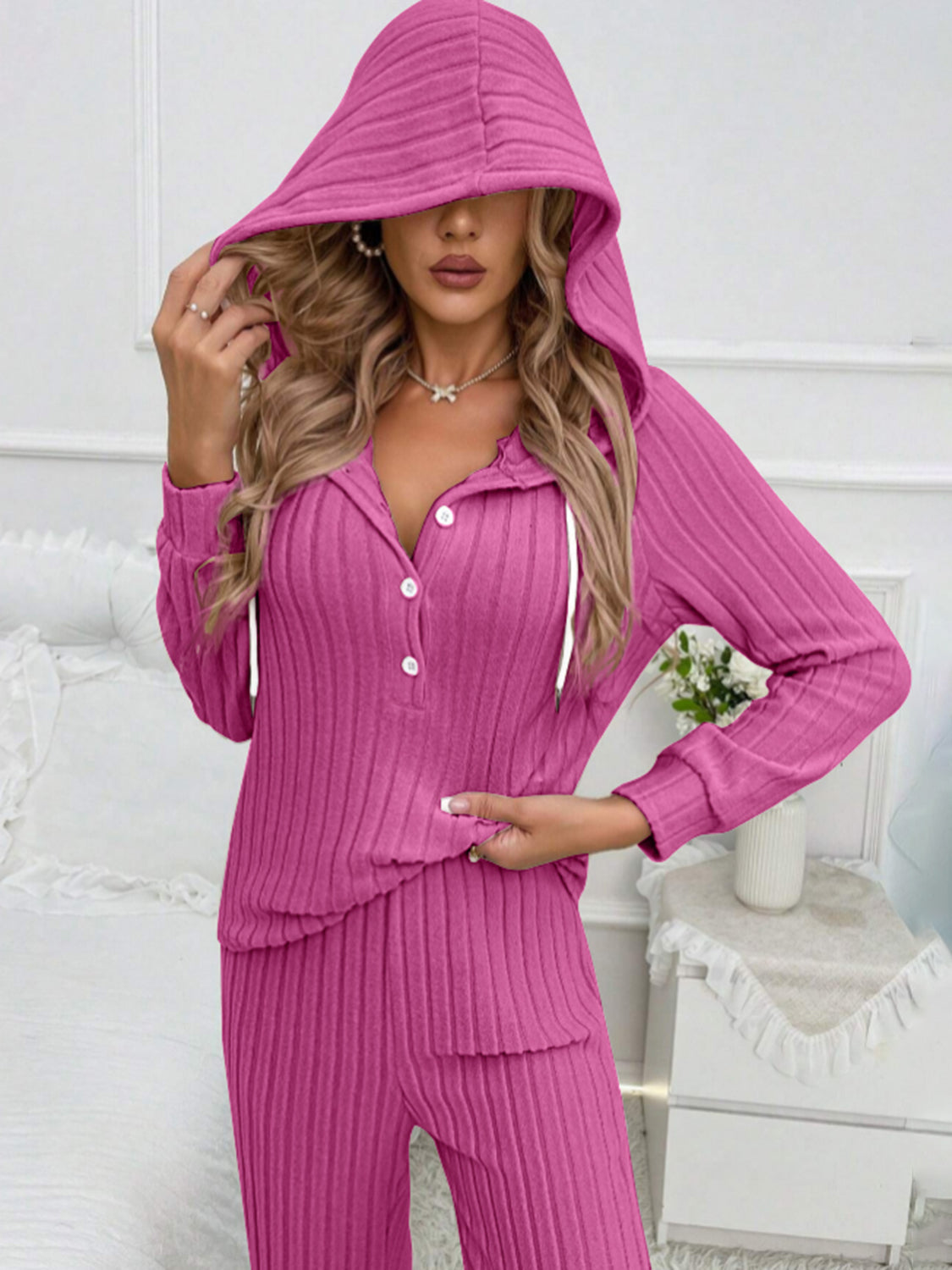 Drawstring Half Button Hooded Top and Ribbed Pants Set - ClassiQ