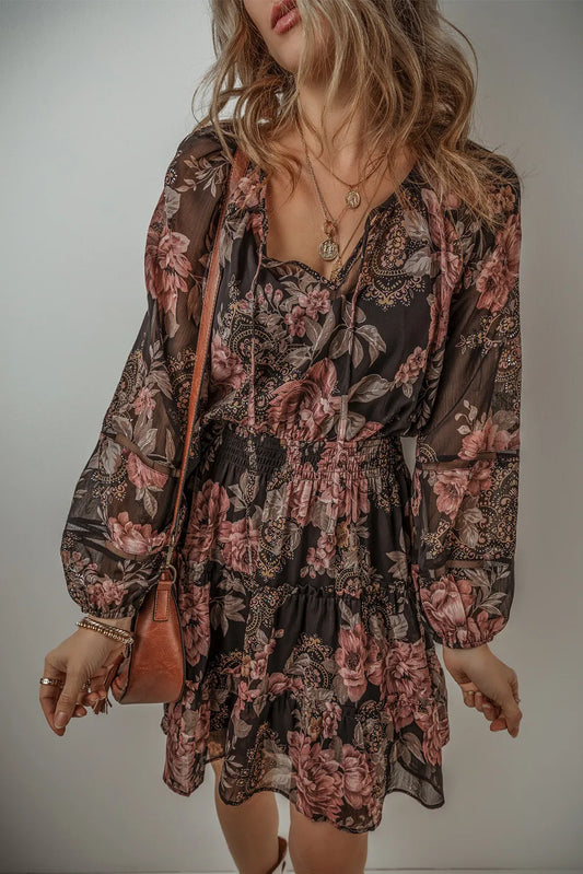 Printed Tie Neck Long Sleeve Mini Dress - Classique Collection