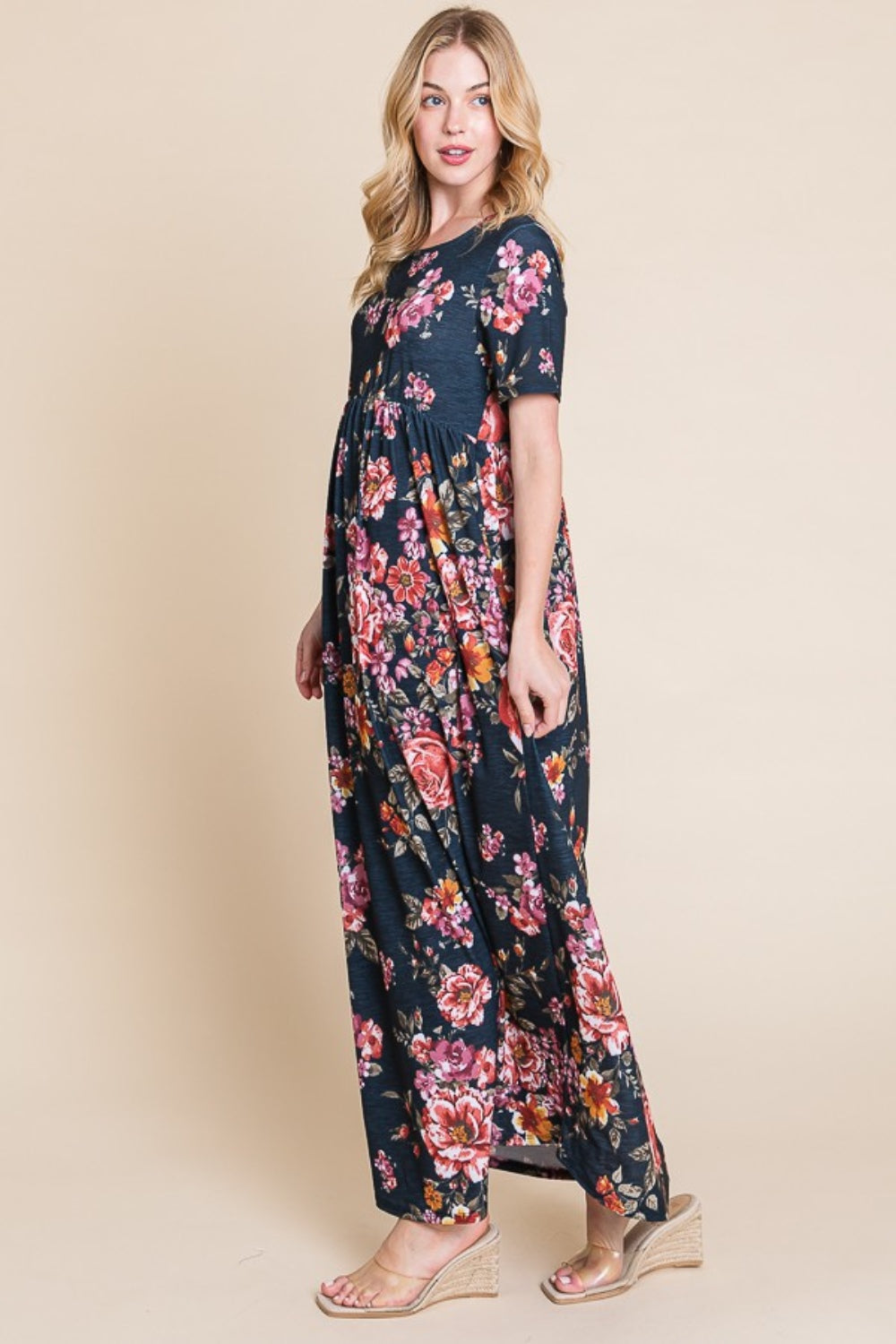BOMBOM Floral Short Sleeve Maxi Dress - Classique Collection