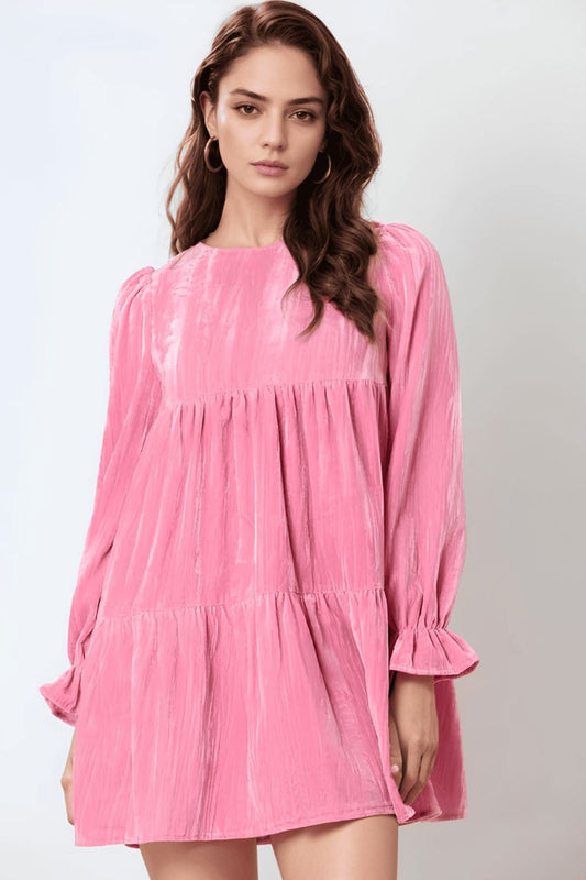 Tied Round Neck Flounce Sleeve Mini Dress - Classique Collection
