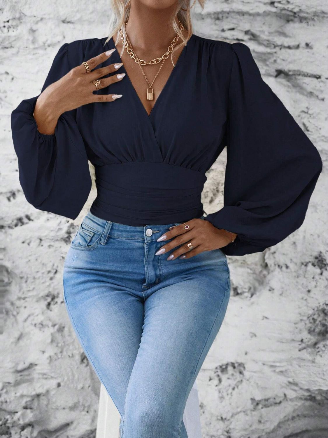 Smocked Surplice Balloon Sleeve Top - Classique Collection