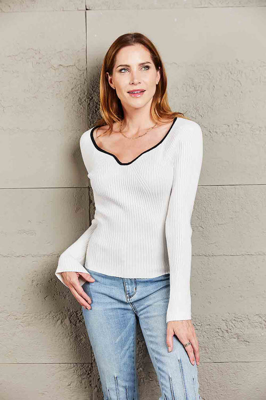 Contrast Sweetheart Neck Ribbed Top - Classique Collection