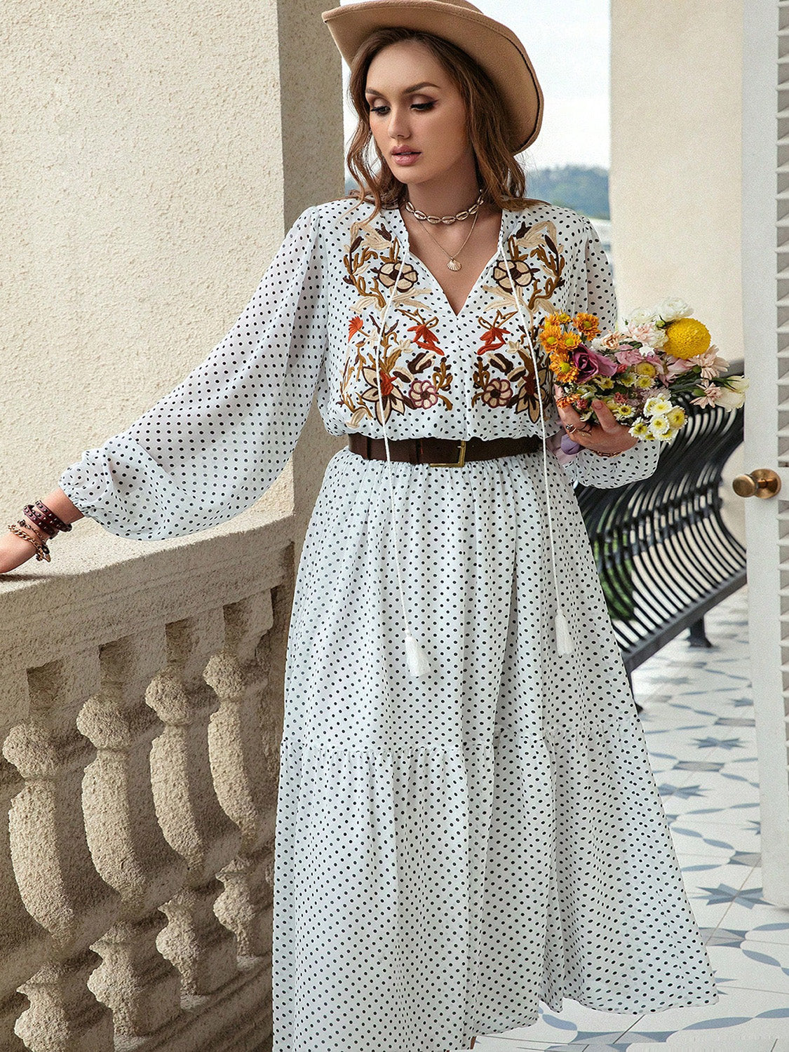 Plus Size Printed Tie Neck Long Sleeve Midi Dress - Classique Collection