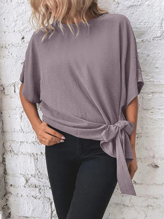 Knotted Round Neck Half Sleeve Blouse - ClassiQ