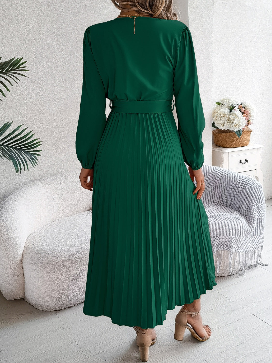 Pleated Tied V-Neck Long Sleeve Dress - Classique Collection