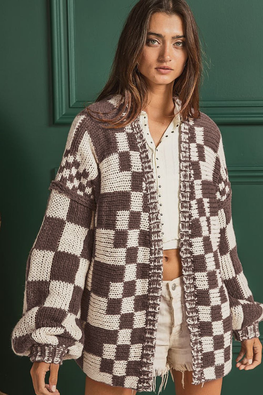 Checkered Open Front Long Sleeve Cardigan - ClassiQ