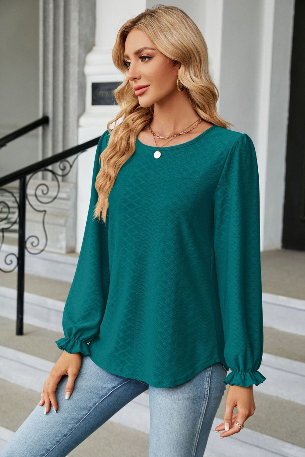 Round Neck Flounce Sleeve Blouse - Classique Collection