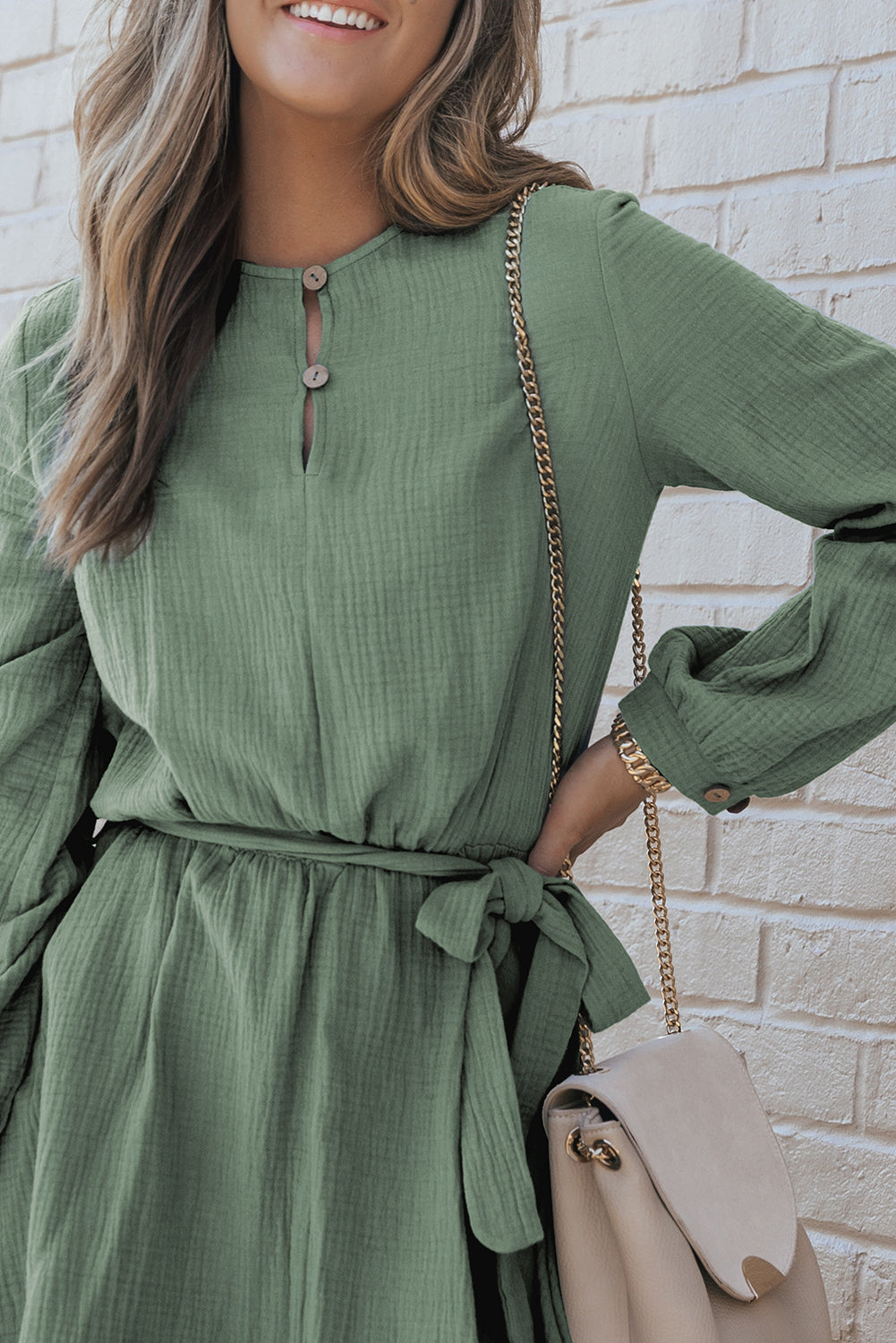 Round Neck Long Sleeve Tie Waist Dress - Classique Collection