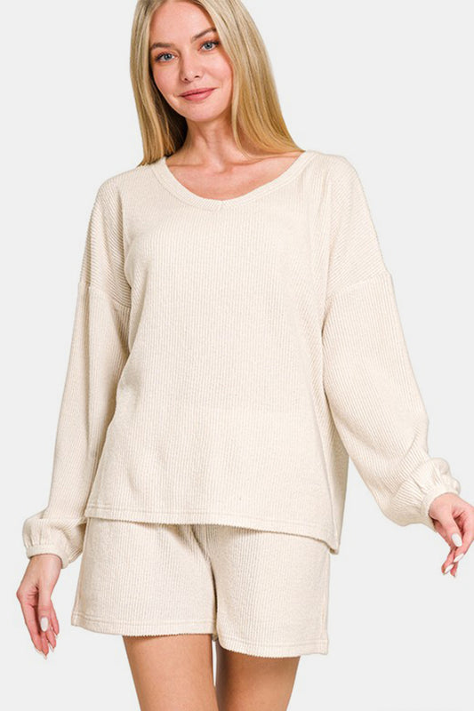Zenana V-Neck Long Sleeve Ribbed Top and Shorts Set - ClassiQ