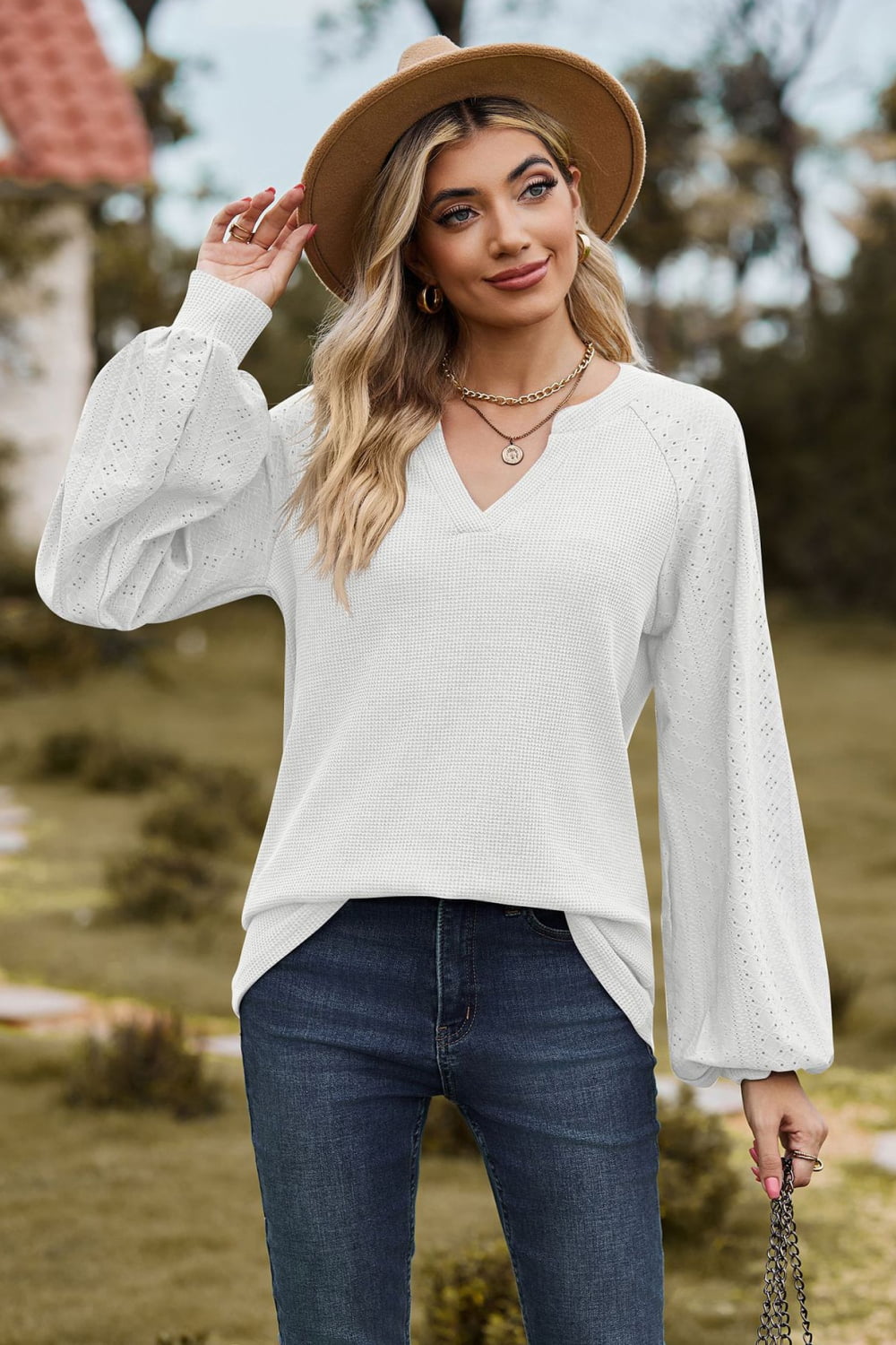 Notched Neck Raglan Sleeve Blouse - Classique Collection