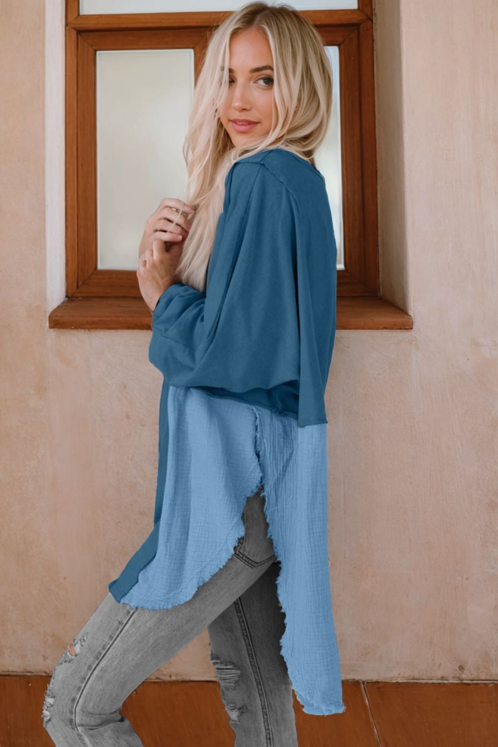 Contrast Texture Round Neck Long Sleeve Blouse - Classique Collection