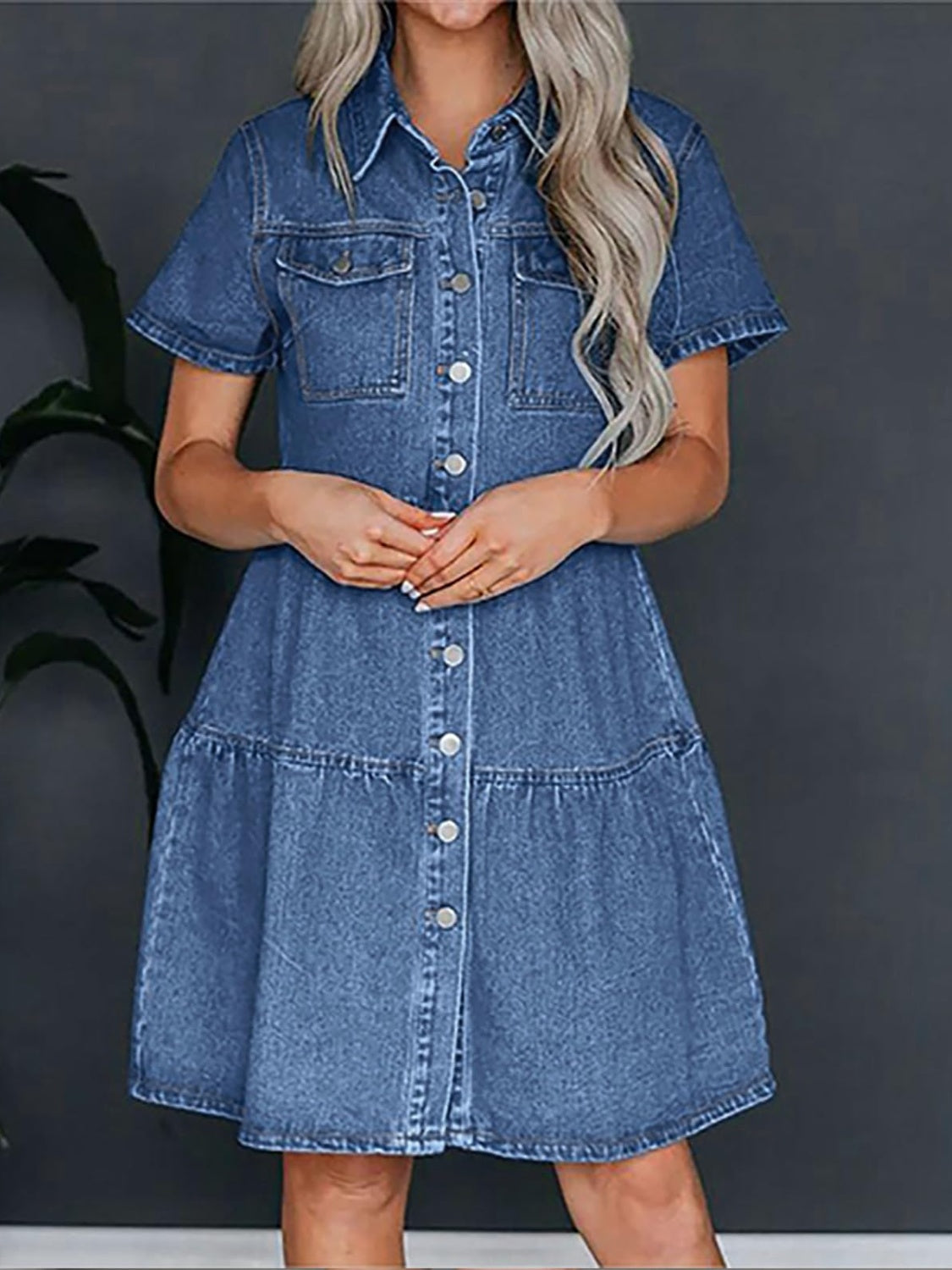 Pocketed Button Up Collared Neck Short Sleeve Denim Dress - Classique Collection