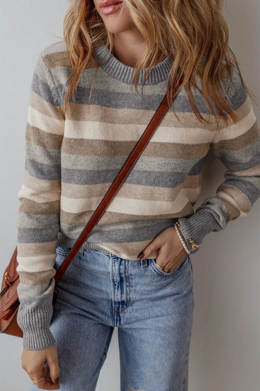 Striped Round Neck Long Sleeve Sweater - ClassiQ
