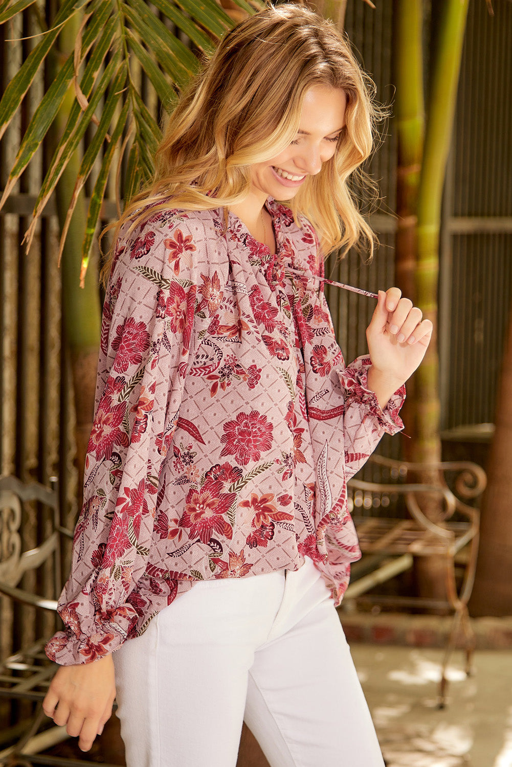 Floral Tie Neck Flounce Sleeve Blouse - Classique Collection