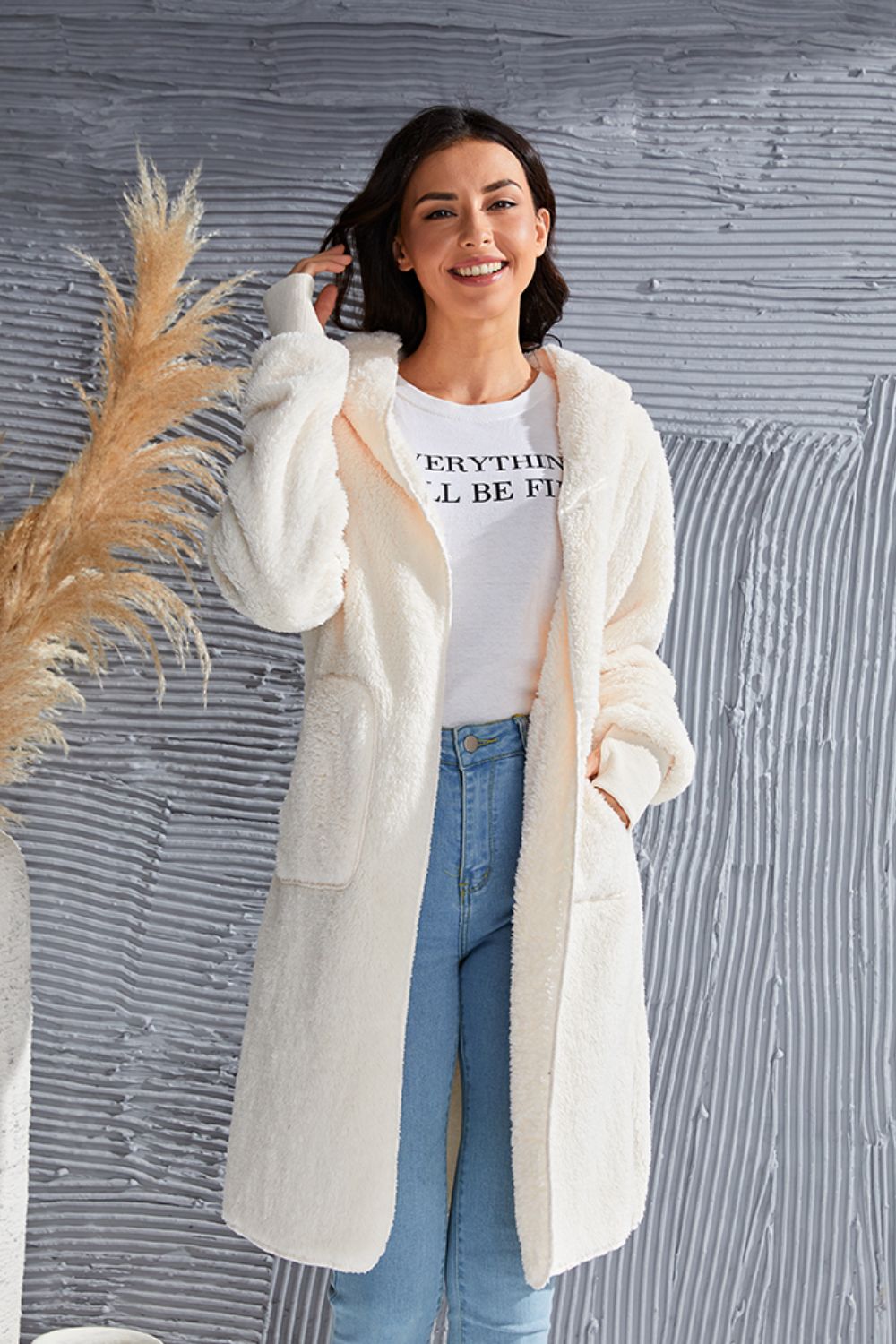 Double Take Full Size Hooded Teddy Bear Jacket with Thumbholes - ClassiQ