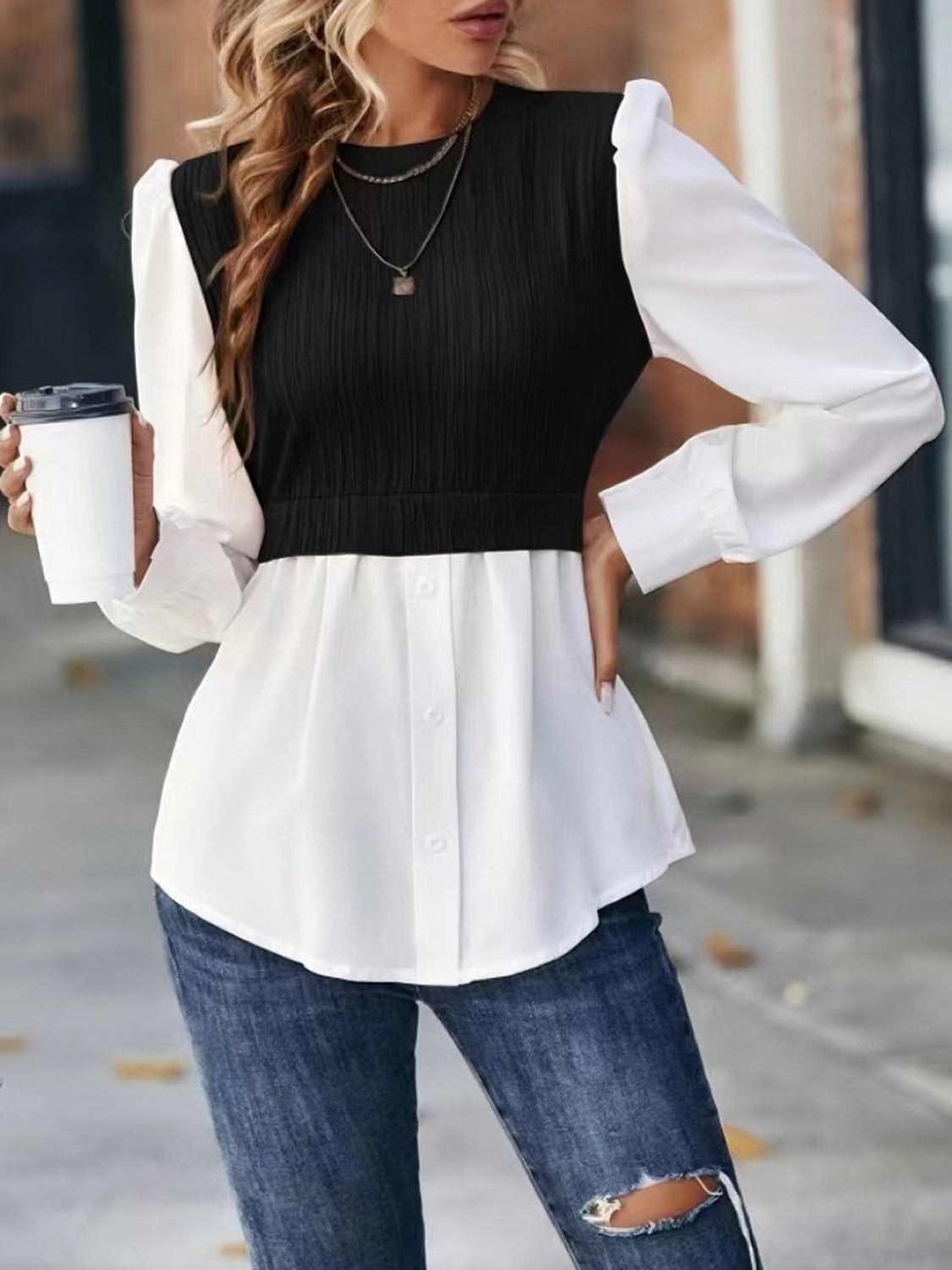 Contrast Round Neck Puff Sleeve Blouse - Classique Collection