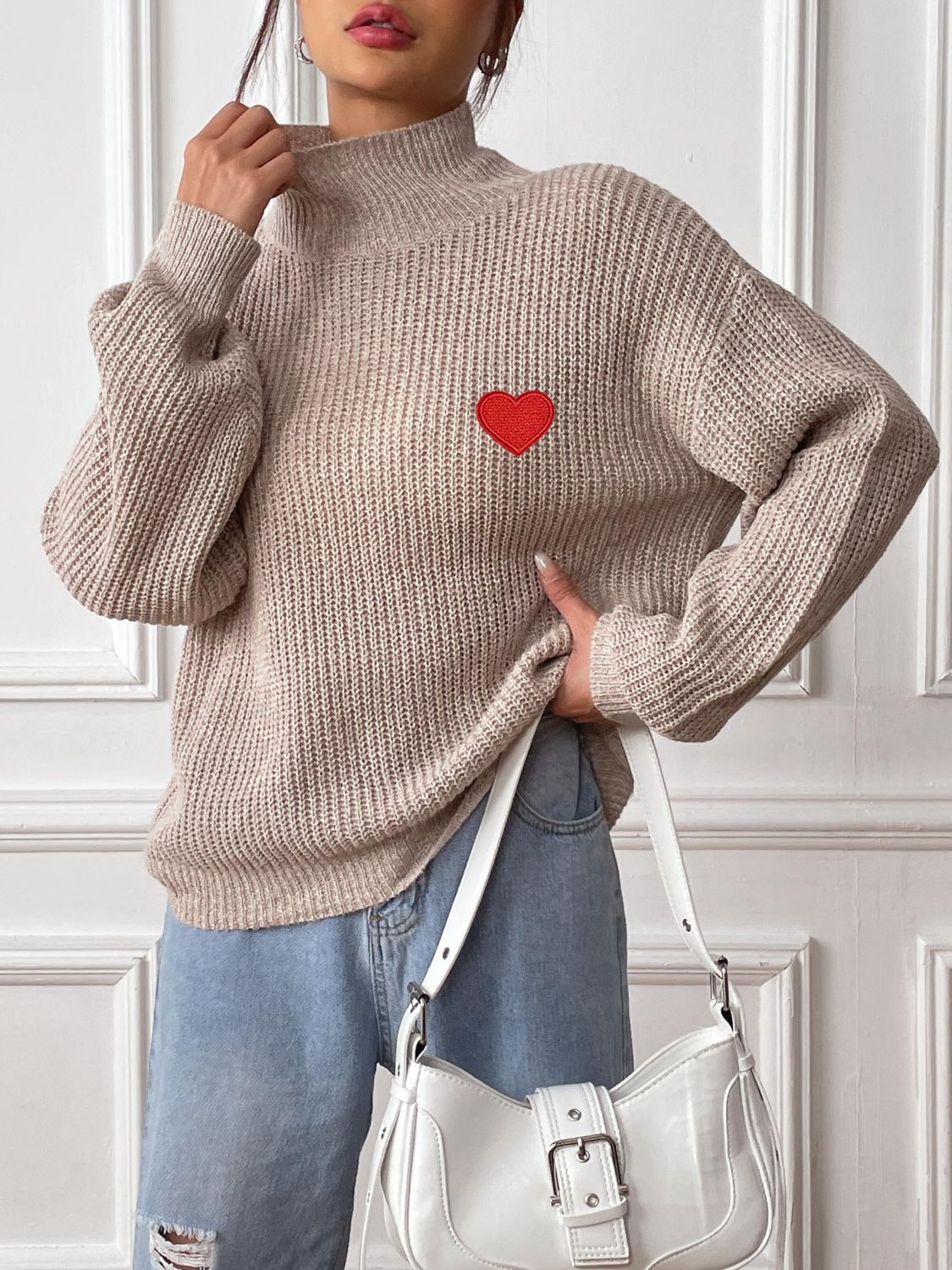 Heart Turtleneck Dropped Shoulder Long Sleeve Sweater - ClassiQ