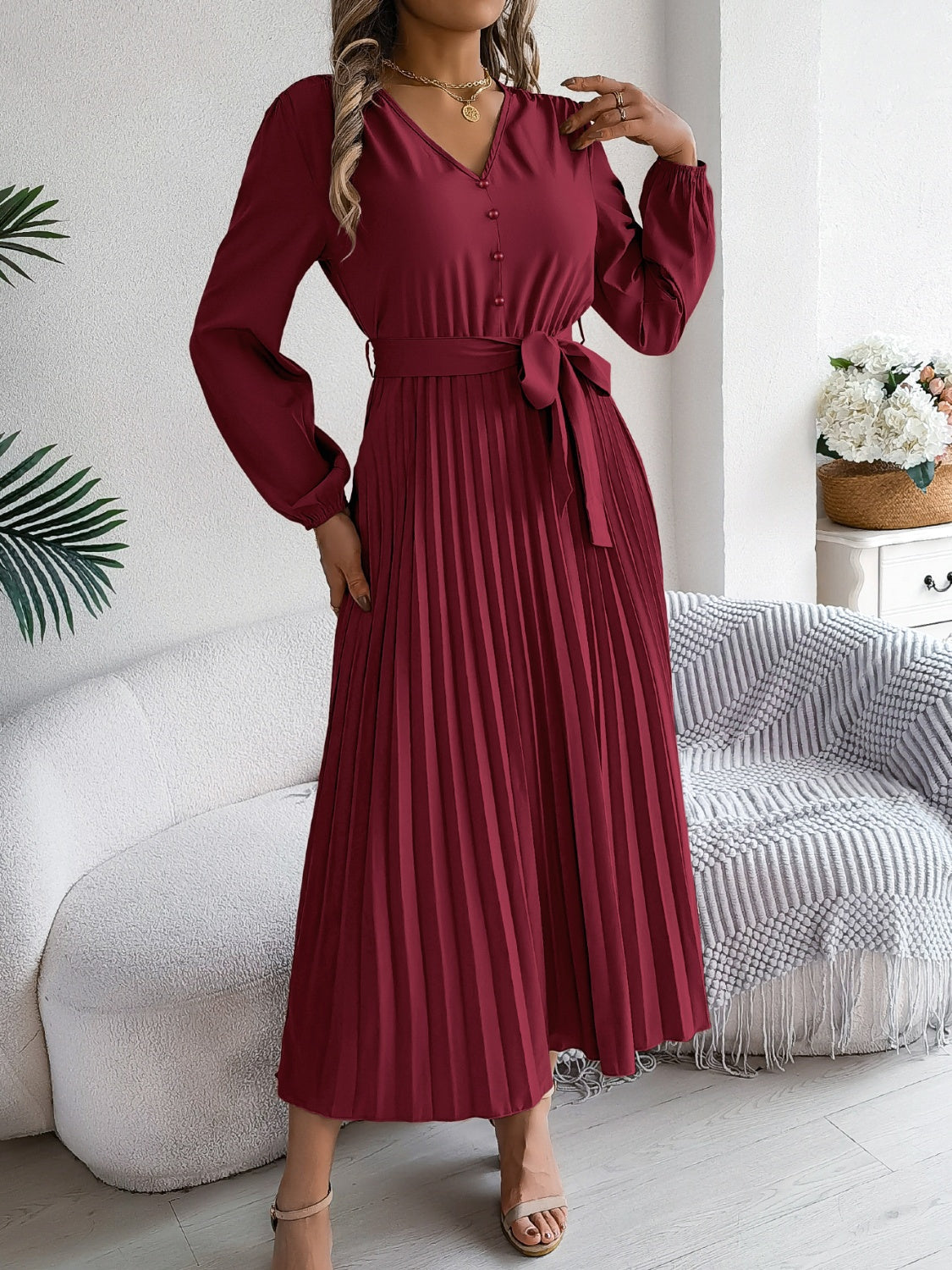 Pleated Tied V-Neck Long Sleeve Dress - Classique Collection