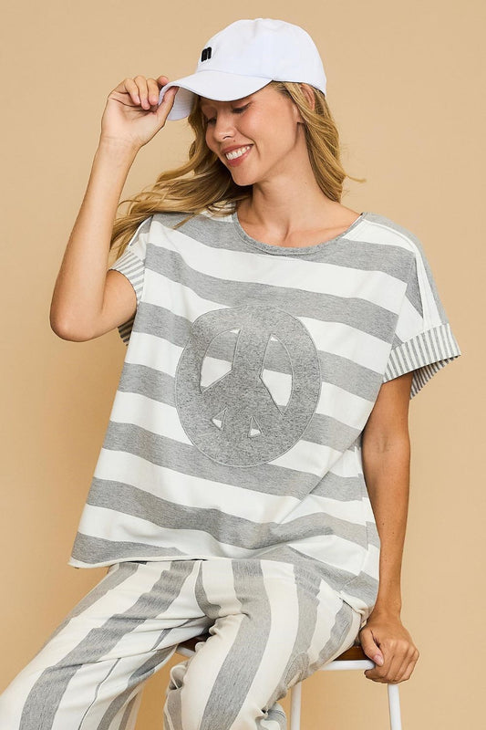 Umgee Peace Sign Patch Striped French Terry T-Shirt - Classique Collection