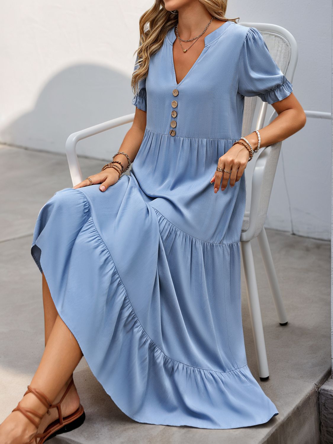Perfee Decorative Button Notched Short Sleeve Midi Dress - Classique Collection