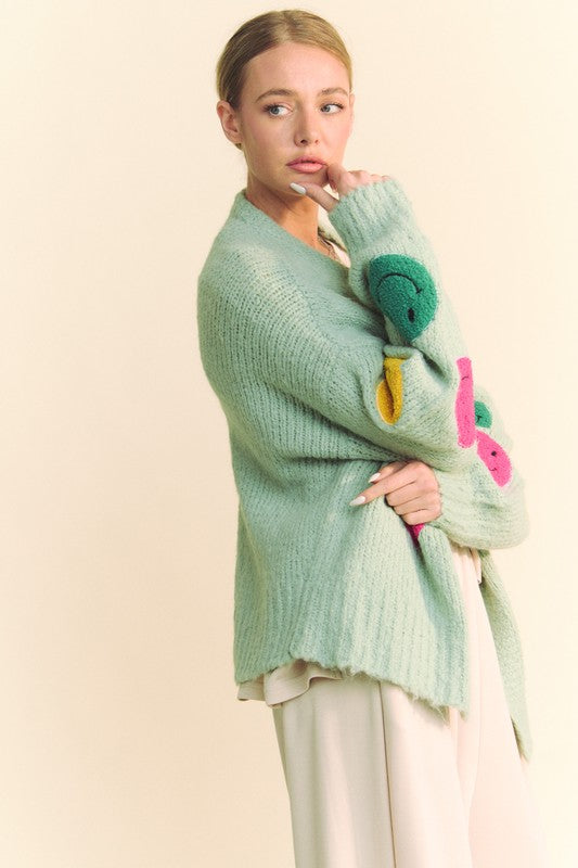 Davi & Dani Fuzzy Smile Open Front Long Sleeve Cardigan - Classique Collection