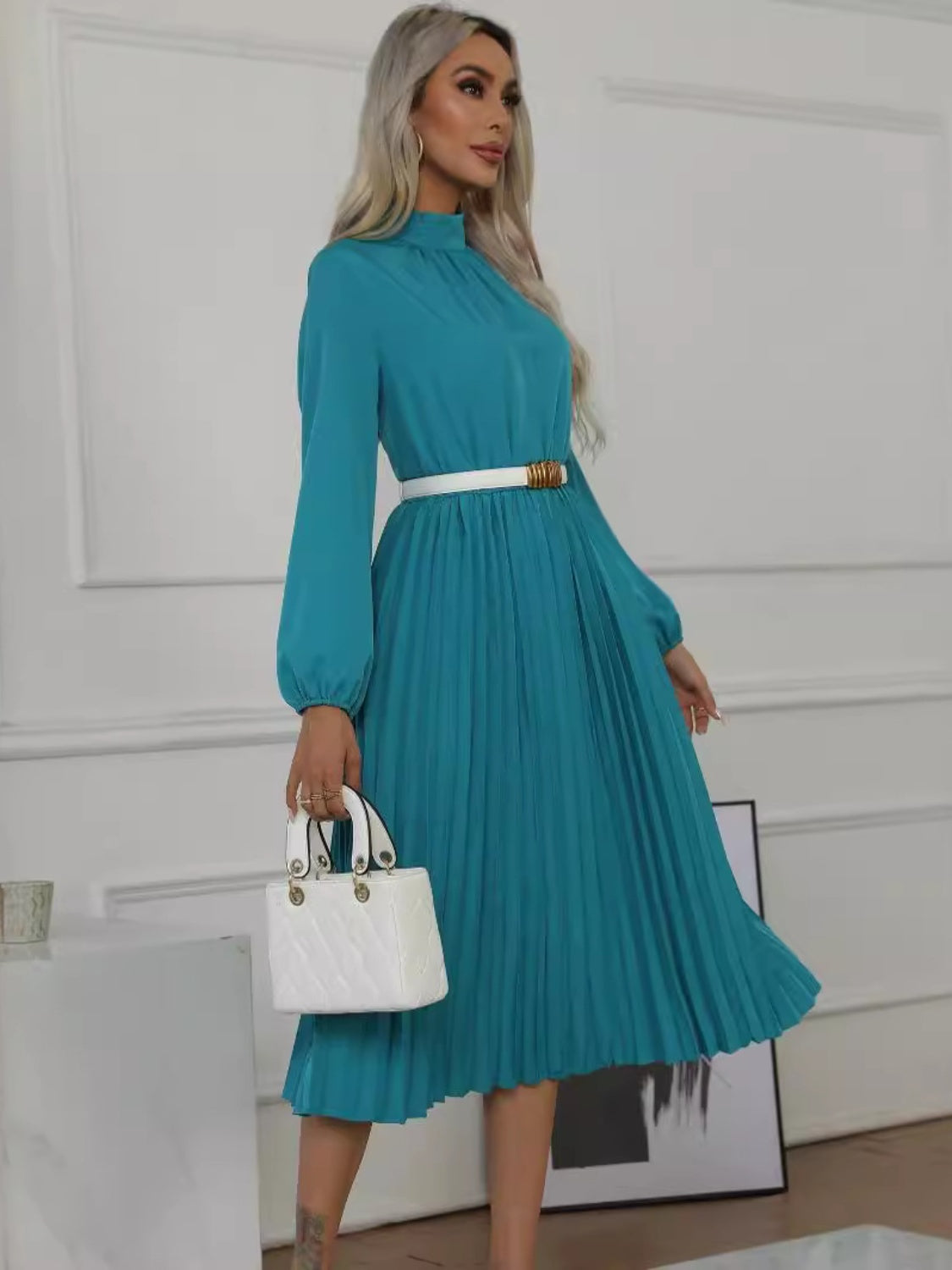 Mock Neck Long Sleeve Pleated Dress - Classique Collection