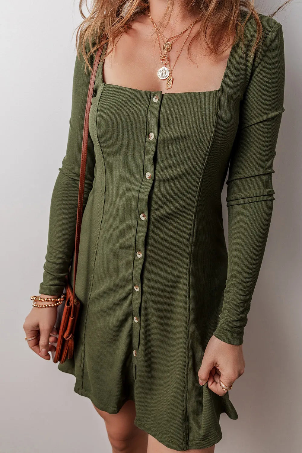 Square Neck Long Sleeve Mini Dress - Classique Collection