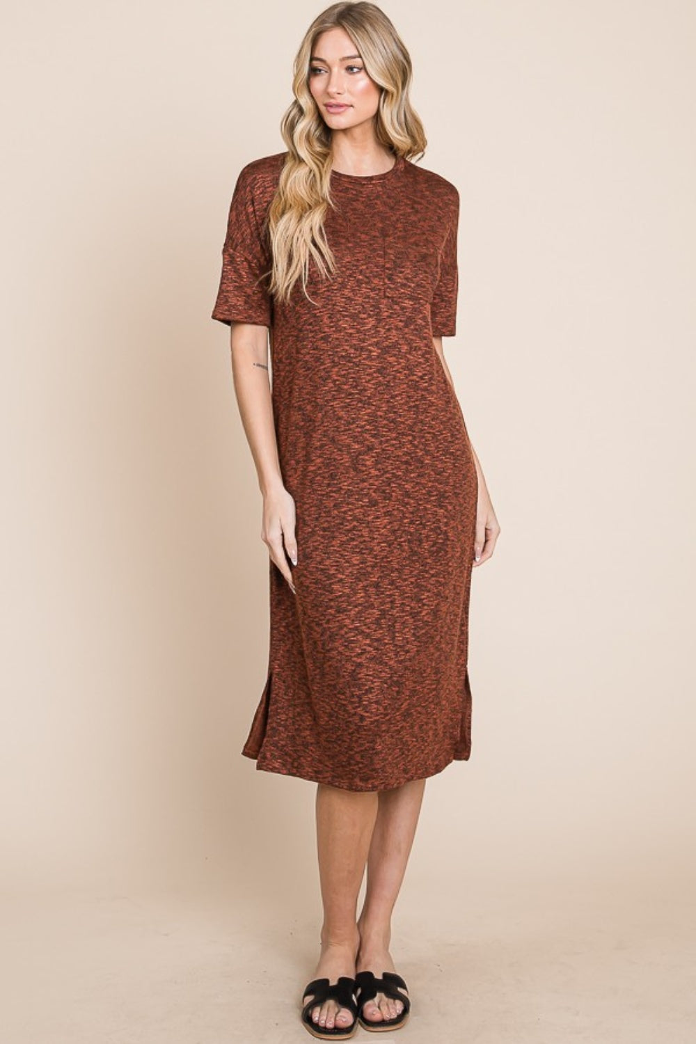 BOMBOM Round Neck Side Slit Midi Dress - Classique Collection
