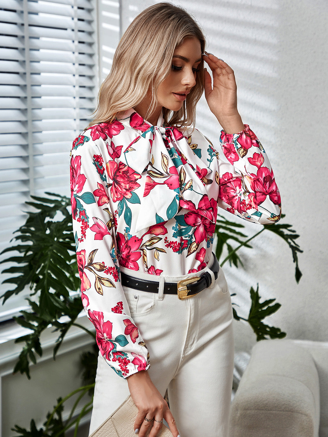 Printed Tie Neck Long Sleeve Blouse - Classique Collection