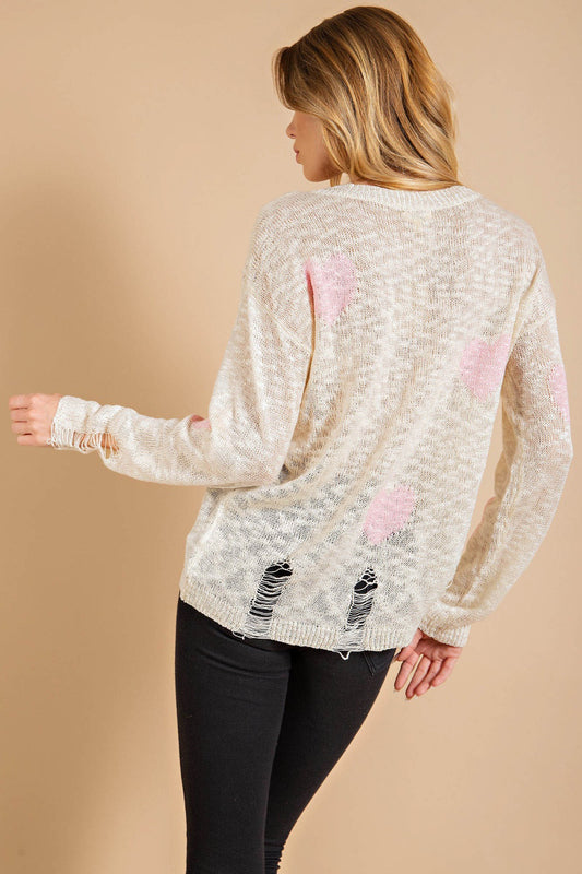 Kori America Heart Pattern Distressed Sweater - ClassiQ